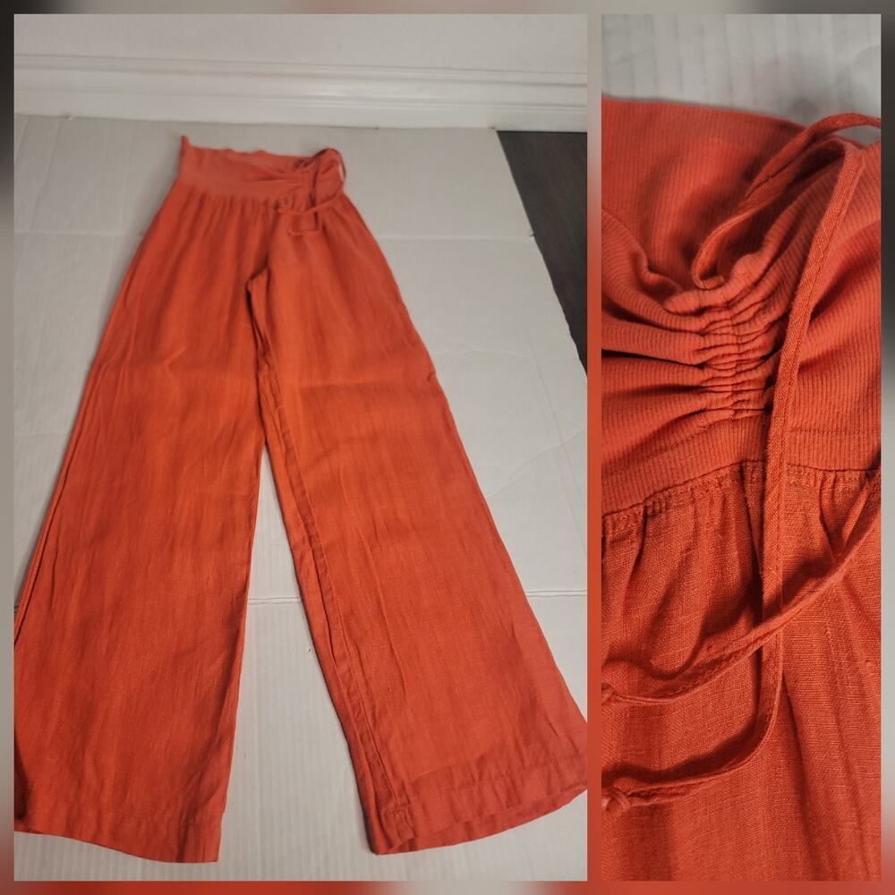 Bebe Linen Pants Womens SZ S Straight Leg Elastic Waist High Rise Orange